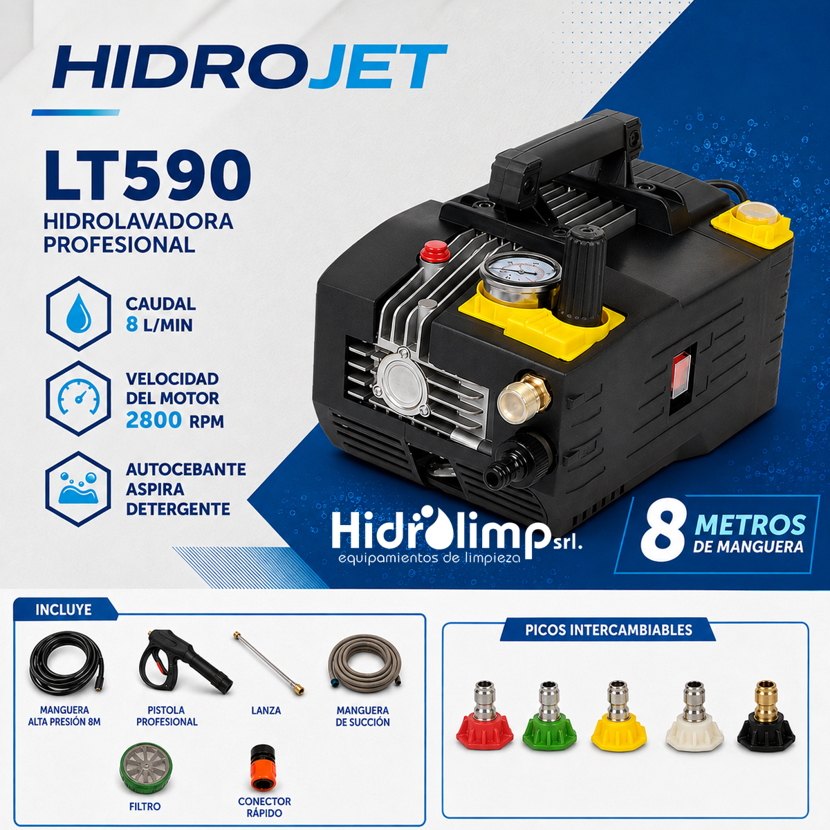 HIDROJET 590 Hidrolavadora Profesional 8 Lts/min 100/130 Bar 3HP 220V - Imagen 3